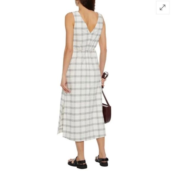 Theory Deep V Linen Blend Spring Plaid Midi Dress Size Medium in Ivory - Picture 2 of 12
